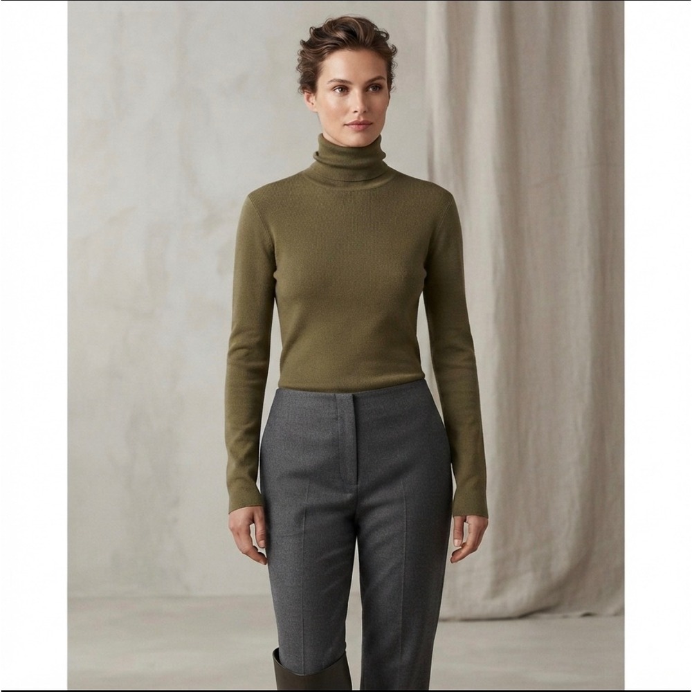Linda Allard Ellen Tracy Turtleneck Women X OliveGreen Wool Silk Ribbed Knit USA